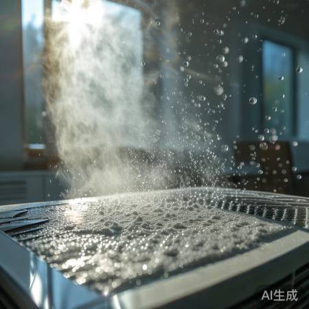 阳光照亮冷气水滴，凝结更明显。