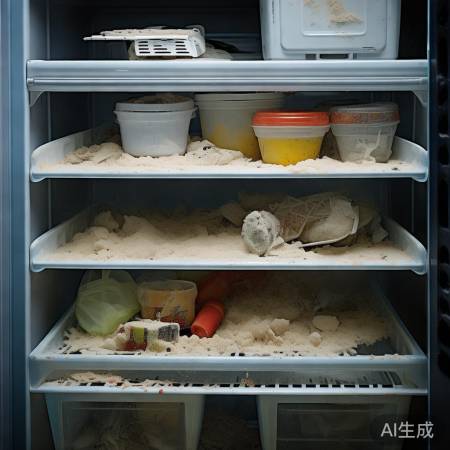 冰箱内尘积食残，冷气循环受阻。