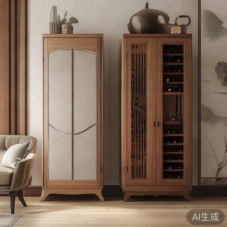 现代简约酒柜，中式风格木质雕花