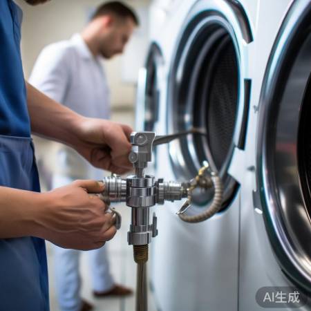 连接洗衣机出水口，两人协作拧紧