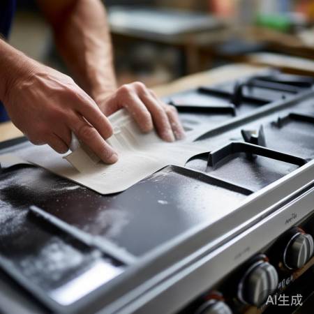 打磨燃气灶，平整表面助补漆。