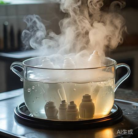 煮沸消毒奶嘴，杀菌但易变形。