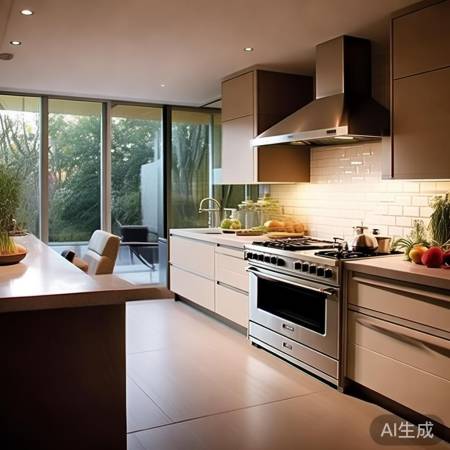 开放式厨房，壁挂炉居中，轻松愉
