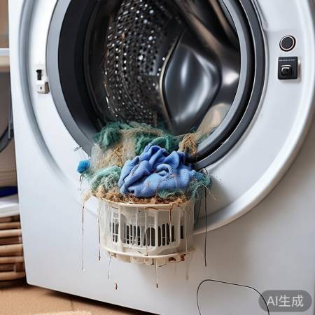 洗衣机滤网堵塞，脱水不畅。