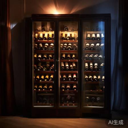 红酒柜旁灯光温馨，冰箱柔和照明