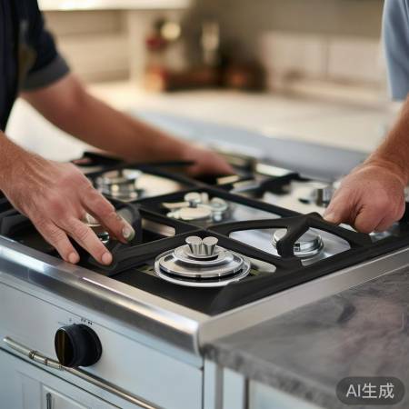 安装灶台，两人合作固定